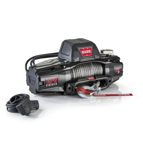 12,000 Lb Electric Winch For Trucks SUVs And Jeeps With Synthetic Rope 12V Heavy Duty Off Road Recovery Gear Built For Safe Handling And Beast Mode Spooling With Serious Pull Power front view with wired remote