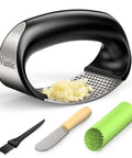 Garlic Press Rocker Stainless Steel Crusher Mincer And Chopper with Peeler and Scraper for effortless garlic crushing and comfy grip.