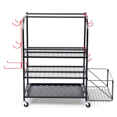 Three Tier Rolling Garage Storage System For Sports Gear And Yoga Mats Beefy Heavy Duty Organizer With Side Basket And Removable Hooks