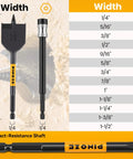 Heavy Duty 14 Piece Spade Drill Bit Set With Six Inch Quick Load Extension showing bit width sizes for clean woodworking holes.