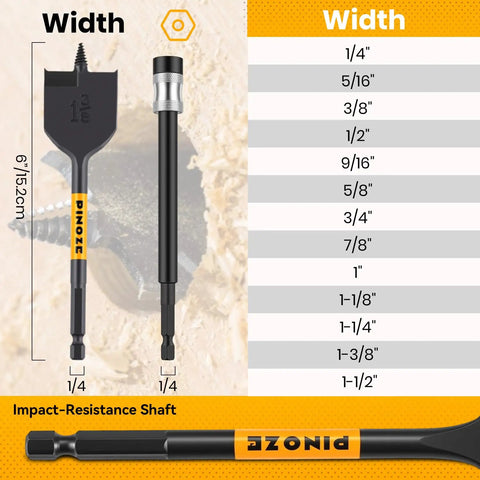Heavy Duty 14 Piece Spade Drill Bit Set With Six Inch Quick Load Extension showing bit width sizes for clean woodworking holes.