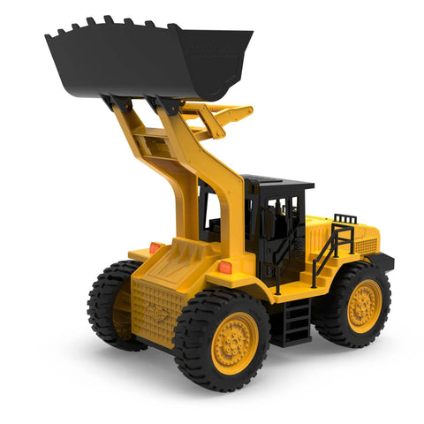 Kid Friendly Seventeen Inch Front End Loader Toy With Realistic Sounds And Movable Bucket For Kids Three And Up A Realistic Construction Vehicle For Open Play And Imaginative Building Adventures, angled view showing raised bucket.