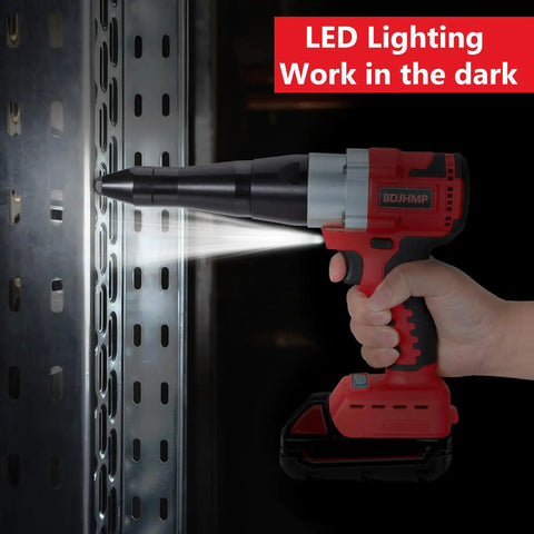 Cordless Rivet Gun Tool For M18 18V Battery Systems Red compact tool illuminating metal for fast rivet work in dark areas.