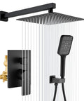 Matte Black Shower Faucet Set With 10 Inch Stainless Steel Rainfall Head, Pressure Balance Valve Cartridge, Rough in Valve Trim Kit, and shower hand sprayer