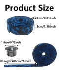Camouflage EVA road bike handlebar tape with bar plugs in black and blue, dimensions shown for two rolls and plug size.