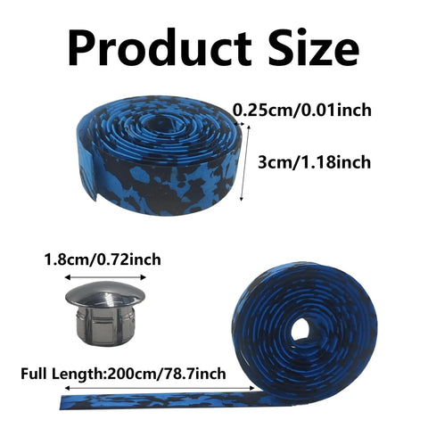 Camouflage EVA road bike handlebar tape with bar plugs in black and blue, dimensions shown for two rolls and plug size.