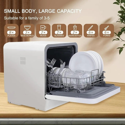 Portable Countertop Dishwasher With Built In Water Tank And Pull Rack features plates, glasses, and cutlery in compact design for saving space.