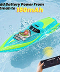 Green Mini Remote Control Boat With 2.4Ghz Remote 360 Degree Rotation Bright LED Lights Built In Rechargeable Battery Totally Fun For Pool Or Bathtub Kid Friendly Gift For Ages 8 To 12 Green on water with controller