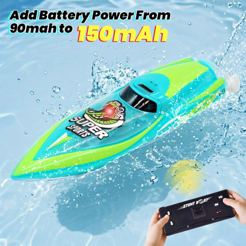 Green Mini Remote Control Boat With 2.4Ghz Remote 360 Degree Rotation Bright LED Lights Built In Rechargeable Battery Totally Fun For Pool Or Bathtub Kid Friendly Gift For Ages 8 To 12 Green on water with controller