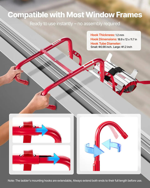 Two Story 13 Foot Emergency Fire Escape Ladder No Assembly Required Just Unfold And Go Retractable Lightweight Aluminum Alloy Construction With Sturdy Polyester Strap Anti Slip Rungs And Wide Steps Supports Up To 1000 Lbs Max Load. window hook close-up