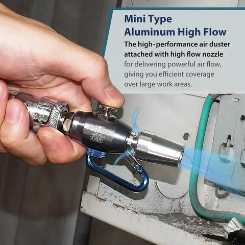 Close-up of Mini Aluminum Windstorm Air Blow Gun With Adjustable Flow Nozzle used for tight space dust removal in machinery maintenance.