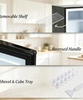 Sleek Black Mini Freezer with reversible door packed with sick 1.1 cubic feet showing removable shelf, recessed handle, ice shovel, and cube tray.