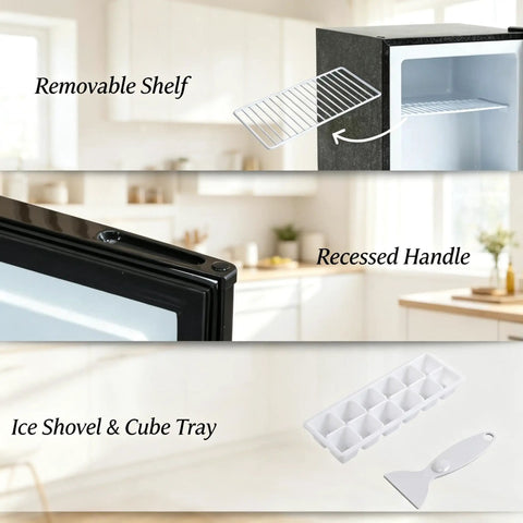 Sleek Black Mini Freezer with reversible door packed with sick 1.1 cubic feet showing removable shelf, recessed handle, ice shovel, and cube tray.