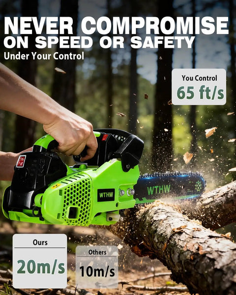 Top Handle Gas Chainsaw For Arborists, 12 Inch Pruning Saw With Lightweight 2 Stroke Engine cutting through log in forest setting