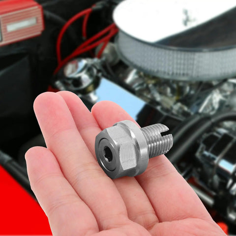 Self-Tapping Oil Drain Bolt Kit Repairs Threaded Pan Holes And Fixes Leaky Stripped Threads With Easy Install Washer Included For Auto Maintenance Work. silver steel bolt in hand for engine oil pan repair