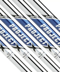 Top Tier.355 Taper Tip Steel Golf Shafts Five Piece Iron Set showing five blue and white precision shafts.