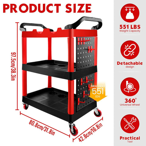 Auto Detailing Cart With Wheels, 3 Tier Car Wash Organizer With Hanging Boards And Hooks, Heavy Duty ABS Construction, Ideal for Garage