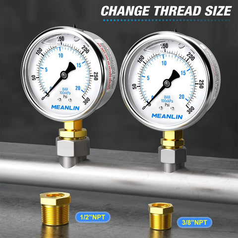 Stainless Steel Liquid Filled Pressure Gauge With 2.5 Inch Dial And Lower Mount For Rugged Lines, 0 To 300 Psi Range, One Quarter Inch NPT
