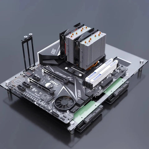 Open Frame Case Test Bench For DIY Builds Fits ATX Micro ATX ITX Motherboards Clear Organic Glass Frame Open Chassis With Rectangular Heat Dissipation shown with motherboard installed.