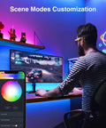 Man using Smart TV LED Backlight Strip 9.2Ft RGB Mood Lighting with WiFi App control in gaming setup with ambient colors.