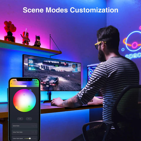 Man using Smart TV LED Backlight Strip 9.2Ft RGB Mood Lighting with WiFi App control in gaming setup with ambient colors.