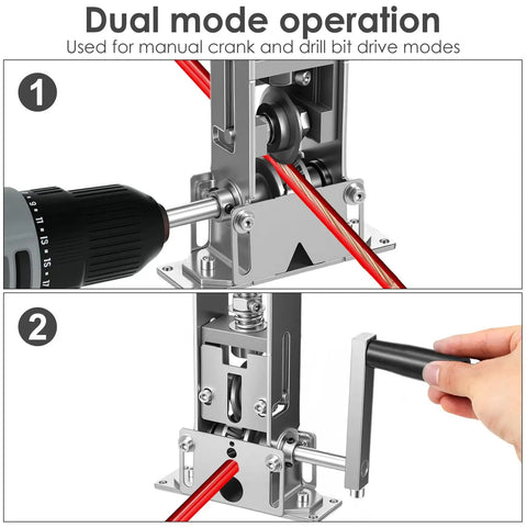 Heavy Duty Drill Powered Wire Stripper Machine For Copper Scrap Recycling And Electrical Work With Hand Crank Backup, showing dual mode operation.