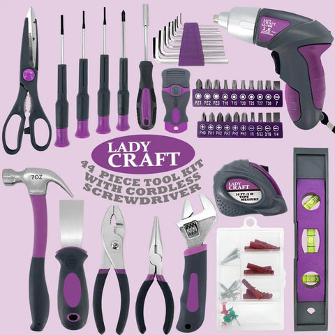 44 Piece 4V Cordless Screwdriver Tool Kit Set in Pink for Women with tool assortment and storage case shown