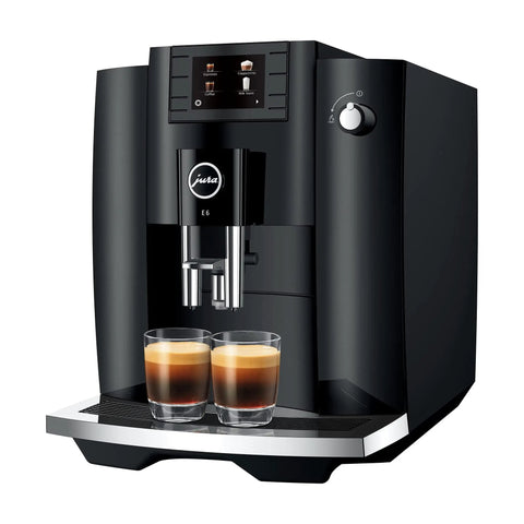 NoDrama Automatic Coffee Machine With OneTouch Espresso Brewing Milk Froth And Rapid SelfClean Design Programmable Strength Volume Controls For Smooth Daily Grinds In Piano Black featuring dual glasses of espresso.
