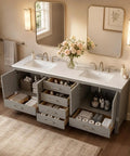 Rock Solid 96 Inch Bathroom Vanity With Double Sink And Pure White Quartz Countertop featuring storage drawers and decorative vase.
