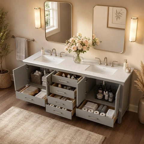 Rock Solid 96 Inch Bathroom Vanity With Double Sink And Pure White Quartz Countertop featuring storage drawers and decorative vase.