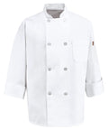 Men's Fresh White Chef Coat With Eight Pearl Buttons Double Breasted Stain Release Jacket Pre Shrunk Poly Cotton Blend For Pro Kitchen Grind Large US Size front view
