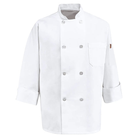 Men's Fresh White Chef Coat With Eight Pearl Buttons Double Breasted Stain Release Jacket Pre Shrunk Poly Cotton Blend For Pro Kitchen Grind Large US Size front view