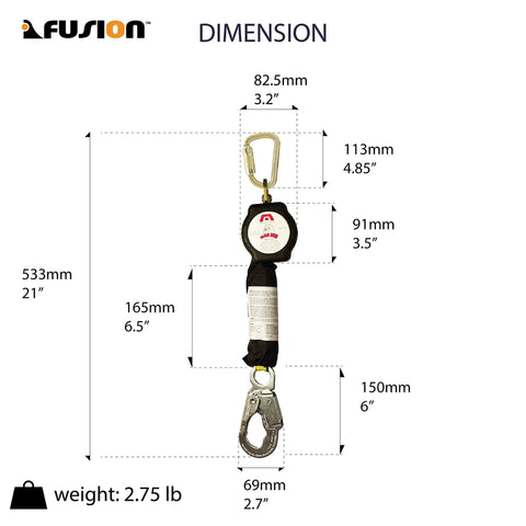 Self Retracting Fall Protection Lanyard With Six Foot Reach Internal Shock Absorber Expands 42 Inches to Cut Impact Under 900 lbs