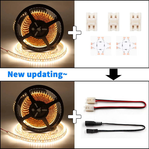 Dope Warm White LED Strip Lights 120 LEDs Per Meter, 1000 Lumens showing reels, connectors, and installation updates