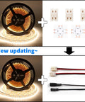 Warm White LED Strip Lights 16.4ft 120 LEDs Per Meter 1000 LM Per Meter 9.6 W Per Meter 2700K Dimmable Cuttable Connectable ETL Listed Indoor Under Cabinet Lighting 12V 2835 90+ CRI Power Supply Not Included, showing reels and connectors.