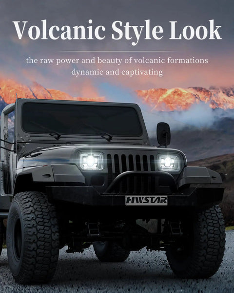 Jeep with 180W Beast Bright LED Headlights H6054 in volcanic backdrop