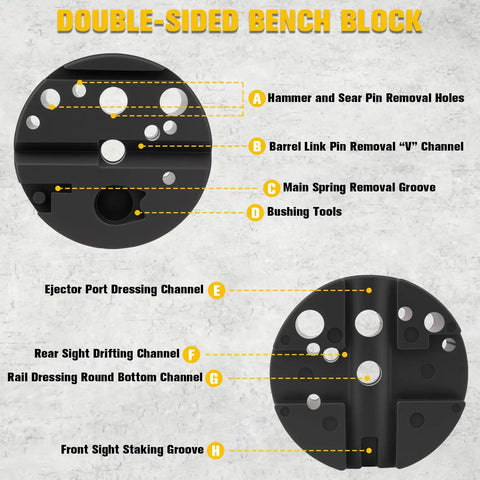 Double-sided bench block from 23 Piece Roll Pin Punch Set With Hammer And Bench Block For Mechanics And Gearheads, labeled features.