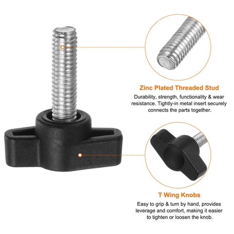 Heavy Duty Plastic Tee Wing Thumb Screws M6 X 20mm Set Of 20 Black T Knobs with zinc plated threaded stud and ergonomic grip.