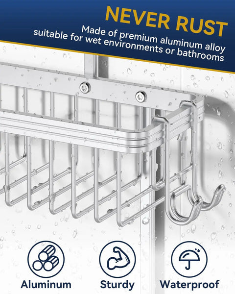Rustproof Aluminum Shower Caddy Hanging Organizer With Two Tier Baskets Three Removable Hooks And Soap Dish Inside Shower Storage