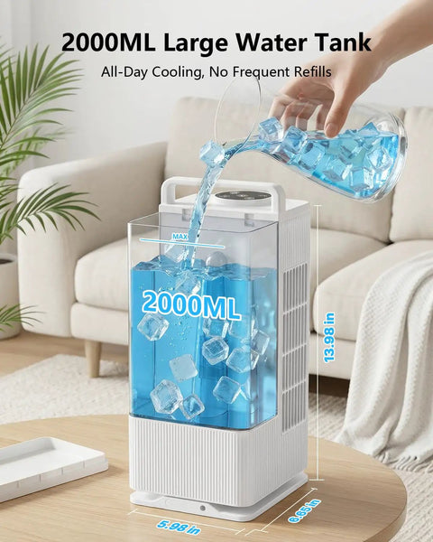 4 In 1 Personal Portable Air Conditioner And Humidifier with 2000ml water tank being filled with ice water on table
