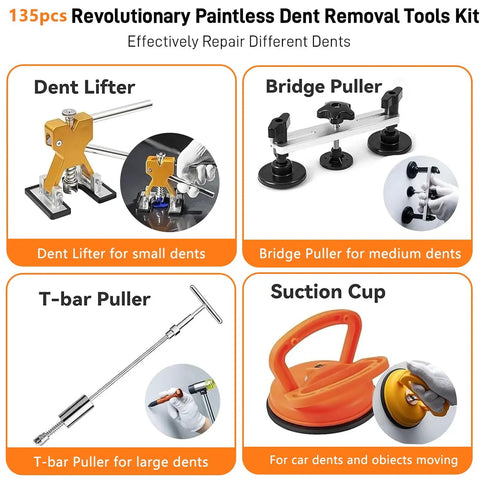 135 Piece Paintless Dent Repair Kit For Cars With T Bar Puller Bridge Puller Golden Lifter And More DIY Car Dent Remover for small, medium, large dents