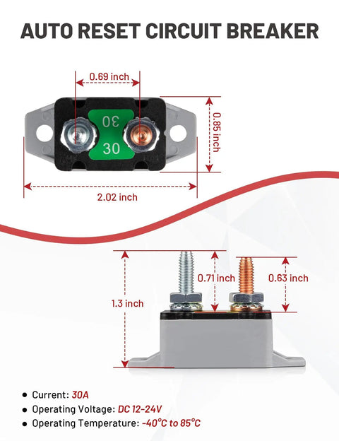 30 Amp Auto Reset Circuit Breaker With Cover For DC 12V-24V Systems Nylon Insulated Anti Rust Stud Terminals Easy Reusable Overload Protection For Automotive Truck Camper RV And Solar Battery Chargers side and top dimensions
