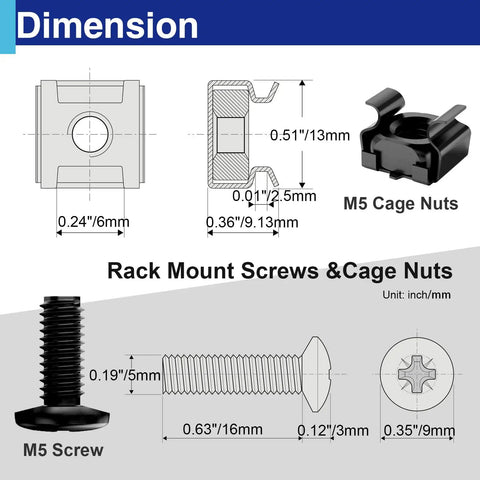 Dimensions for Heavy Duty M5 Rack Mount Screws And Cage Nuts With Nylon Locking Washers Stainless Steel Server Rack Hardware Kit.