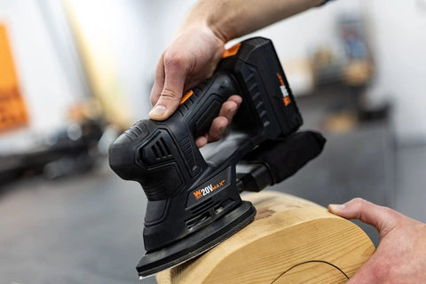 Using Cordless Palm Sander With 20V Max 2.0Ah Battery And Charger, Angled Nose For Tight Corners, 5 By 3.75 Inch Pad, Dual Grip