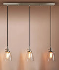 Three Light Industrial Pendant Lighting for Kitchen Island with Oval Clear Glass Shades, Brushed Steel Ceiling Fixture