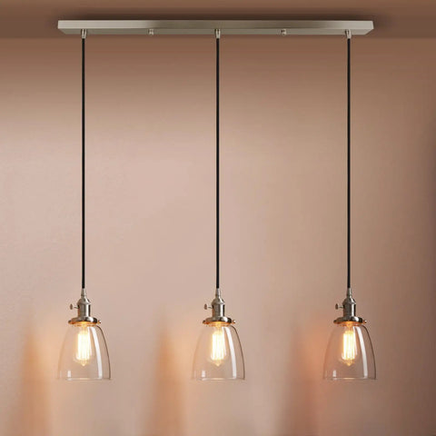 Three Light Industrial Pendant Lighting for Kitchen Island with Oval Clear Glass Shades, Brushed Steel Ceiling Fixture