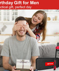 Happy couple on couch with Rivet Nut Tool Kit WETOLS, gift box, and BMC case on table, focus on rivet tool and case.
