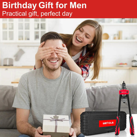 Happy couple on couch with Rivet Nut Tool Kit WETOLS, gift box, and BMC case on table, focus on rivet tool and case.