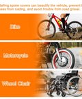 Bike, motorcycle, and wheelchair displaying 72 Pack Universal Spoke Skin Wraps 0.2in Plastic Covers for 8-21 Inch Rims