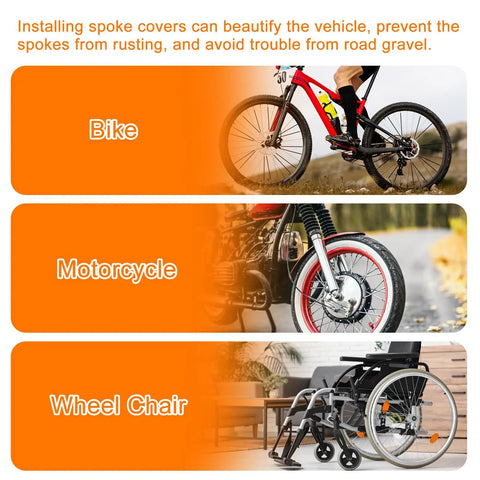 Bike, motorcycle, and wheelchair displaying 72 Pack Universal Spoke Skin Wraps 0.2in Plastic Covers for 8-21 Inch Rims